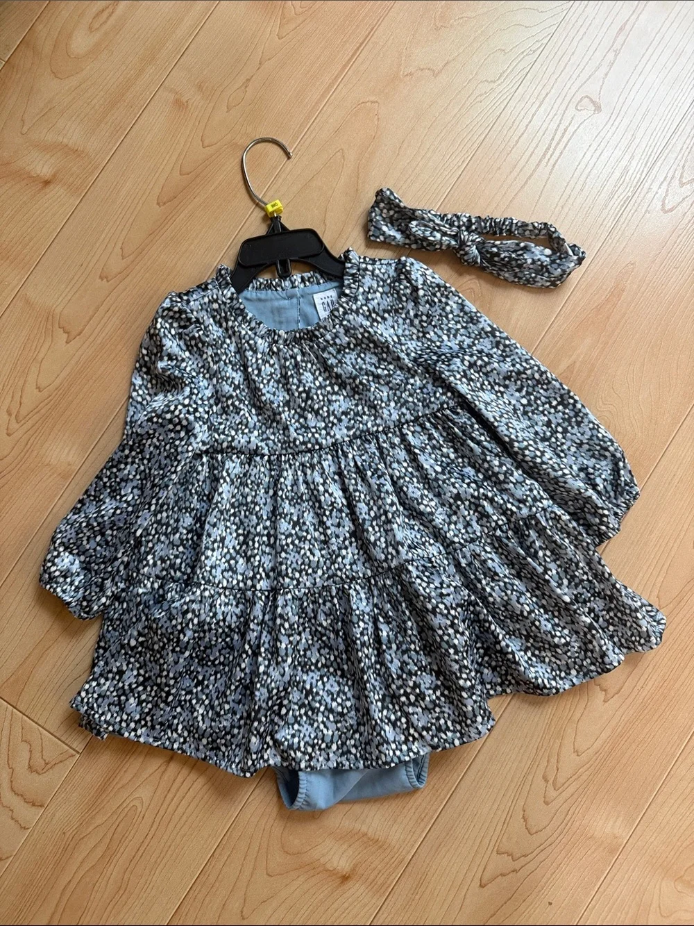 Baby Girl Gap Toddler Speckled Blue White & Black Dress w/ Headband Sz 18-24M